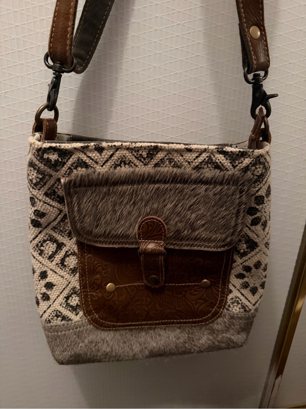 Textured Pattern Crossbody Bag with Leather Pocket - Brown/Beige